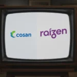 Televisão antiga exibindo os logotipos da Cosan e Raízen em fundo branco."