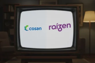 Televisão antiga exibindo os logotipos da Cosan e Raízen em fundo branco."