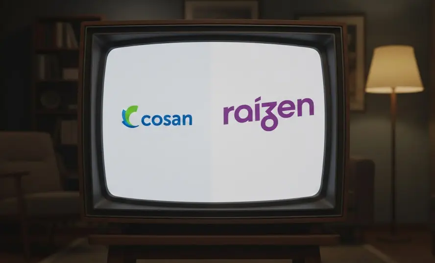 Televisão antiga exibindo os logotipos da Cosan e Raízen em fundo branco."