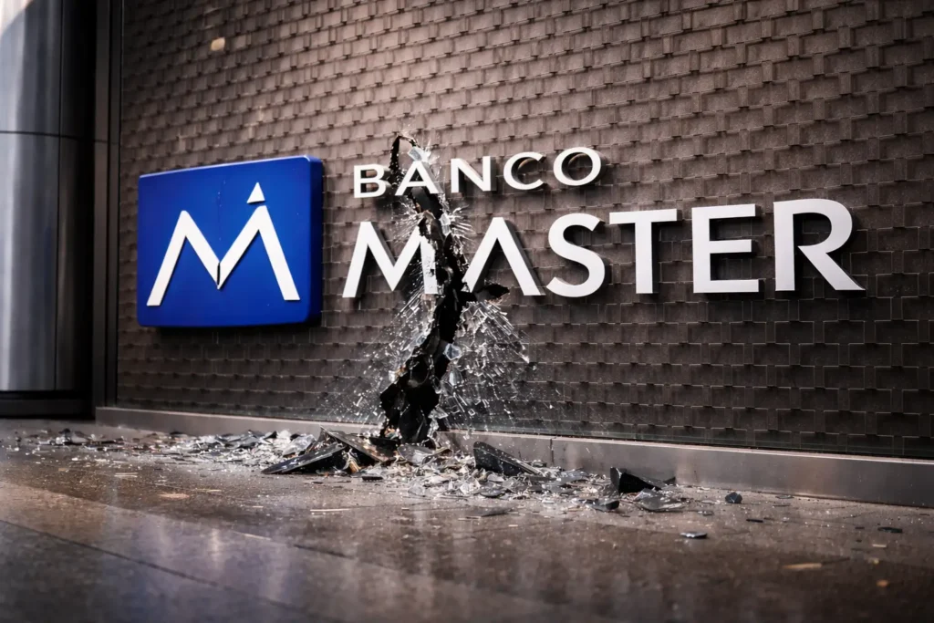 5 Impactos do Banco Master no Mercado: O que Esperar após o Escândalo de Vorcaro - plotos.com.br Logotipo do Banco Master quebrado ao meio simbolizando a crise institucional e o risco sistêmico.