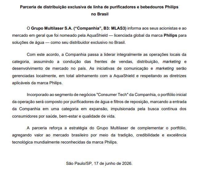 MLAS3: Multilaser fecha acordo exclusivo com a Philips e amplia atuação em mercado bilionário de purificadores de água - plotos.com.br