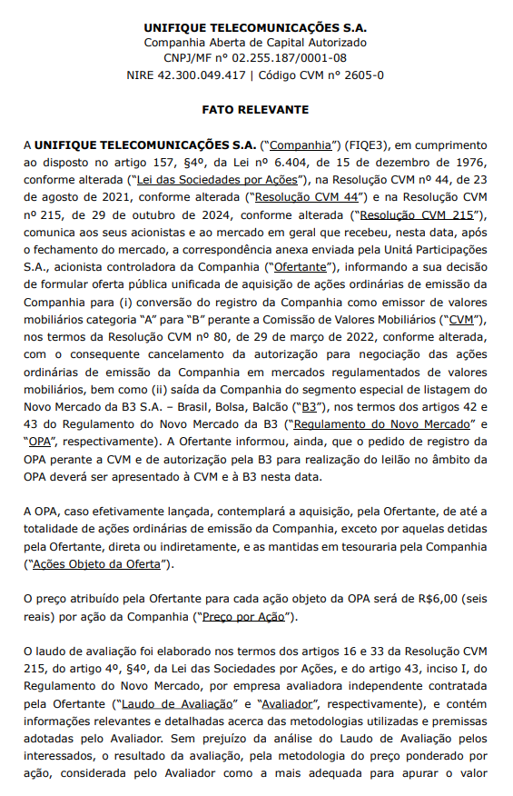 FIQE3: OPA de R$ 6 levanta debate sobre valor para acionistas da Unifique - plotos.com.br
