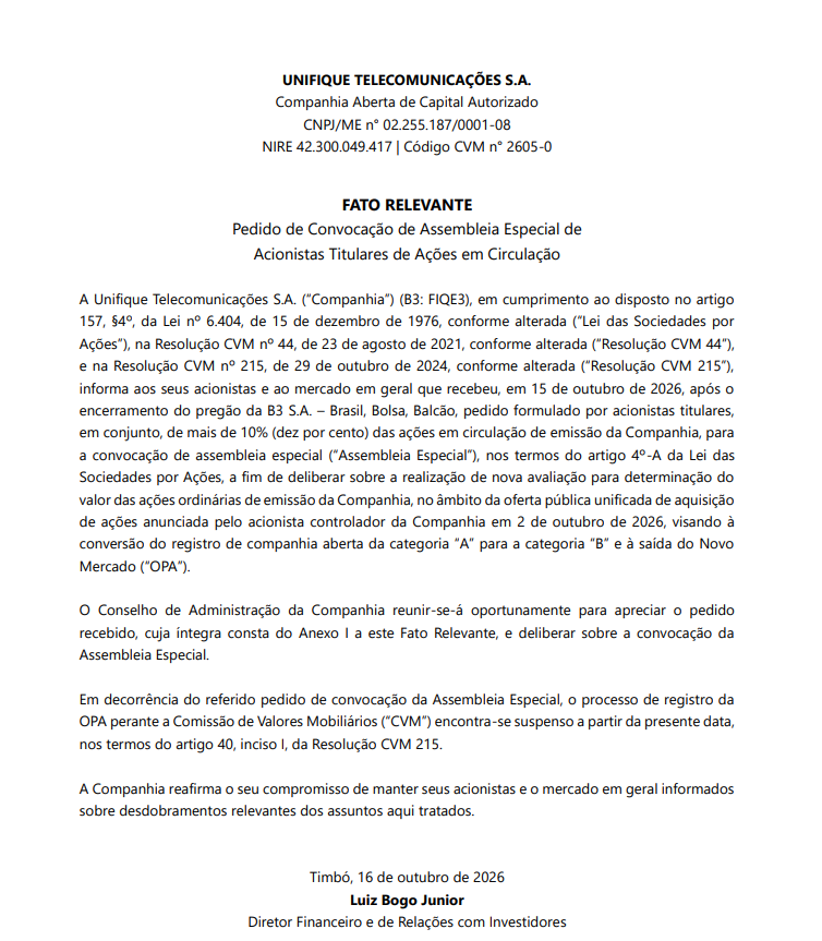 FIQE3: minoritários suspendem registro da OPA e questionam preço de R$ 6 - plotos.com.br